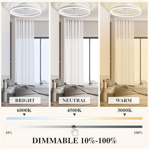 Ceiling Fans with Lights and Remote Fandelier 20''- Low Profile Modern - Flush Mount Ceiling Fans for Bedroom,Stepless Color Temperature and 6 Speeds - White
