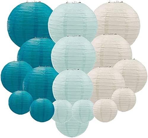 UNIQOOO 18PCS Ocean Blue Paper Lantern Wedding Party Decoration Set, Hanging Japanese Lantern Decor Supply, Easy Assemble, For Home Outdoor Baby Bridal Shower, Birthday Favor Supply, Assorted Sizes