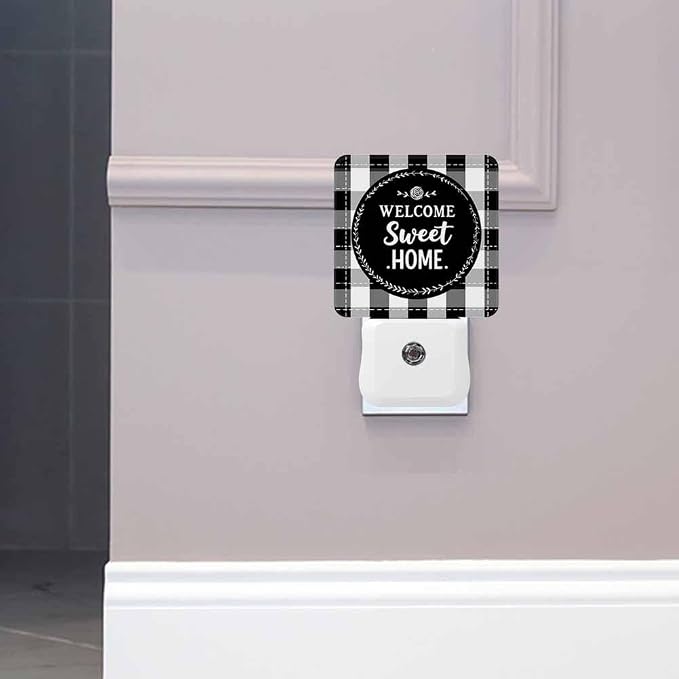 Black Circle Letters Night Lights Plug into Wall Black and White Checkered Pattern Night Light with Dusk to Dawn Sensor for Home Bedroom Bathroom Living Room 0.5W Sleep-Friendly