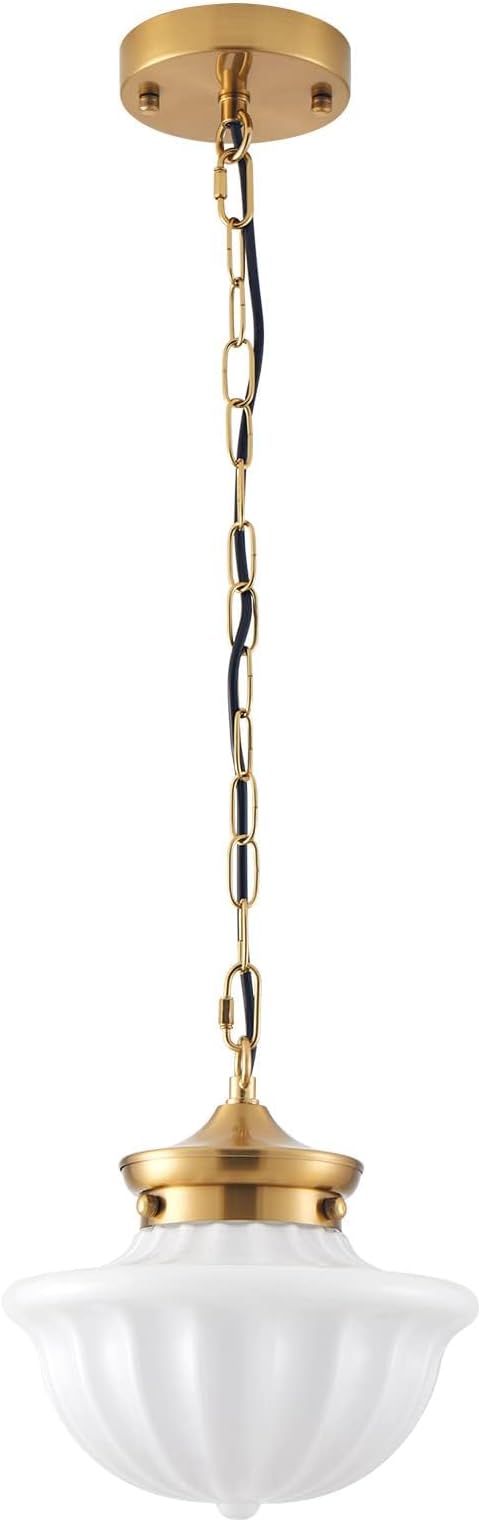 Schoolhouse Pendant Fixtures, 9" Brass Gold Milk Glass Pendant Light, Adjustable Mid Century Ceiling Pendant Lighting for Bedroom Kitchen Living Room Hallway Dining Room