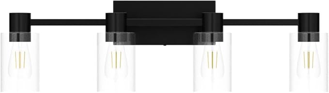 4-Light Modern Vanity Light Fixtures Over Mirror, Matte Black Bathroom Light Fixtures, Vanity Lights, Wall Sconce with Clear Glass Shade for Bathroom, E26 Base
