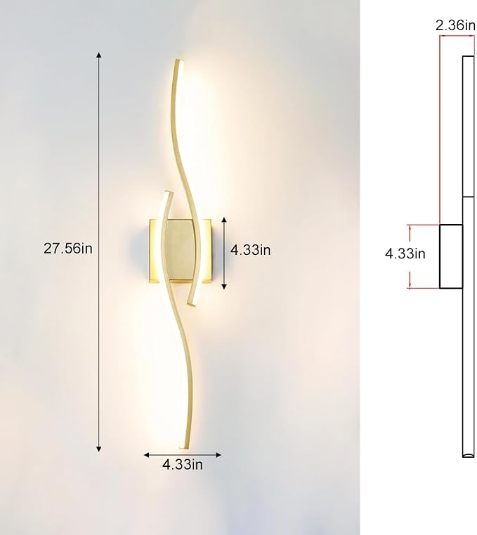 Daunton Modern Gold Wall Light Fixture Set of 2, RC Dimmable LED Wall Light Indoor, LED Wall Decor for Hallway Bedroom Living Room, Hardwired Wall Sconce with Remote Control, 27.56" in, Timer, Memory