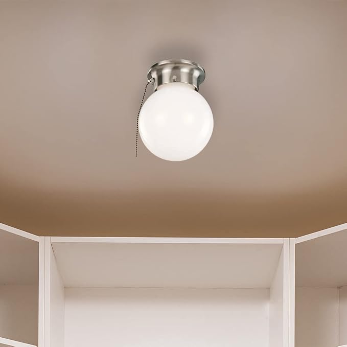 Design House Millbridge Globe 6 Inch Diameter Indoor Ceiling Light Fixture with Pull Chain, for Bedroom, Hallway, Closet & Dining Room, Alabaster Glass, Satin Nickel, 519272 | Dimmable, Ceiling Mount, Traditional, Steel, Lighting, 519272