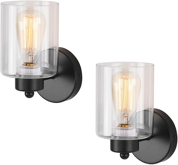Metal Sconces Wall Lighting with Clear Glass Shade,Bathroom Black Vanity Light Matte Black Wall Sconce, Matte Black Vanity Lights for Bathroom, Modern Wall Light Fixtures