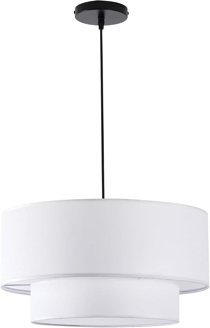 Drum Pendant Light, 18" Drum Chandelier with 2-Tier Lampshade | 3 Light Linen Pendant Light Fixture, White Lampshade, Modern Drum Light for Dining Room, Living Room, Bedroom, Kitchen