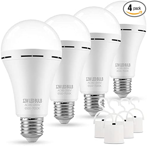 Rechargeable Light Bulbs 4 Pack Emergency Light Bulbs for Power Outage Hurricane Camping Battery Powered Light Bulb 12W E26 1500mAh Battery Light Bulb,Stay Lights Up When Power Failure
