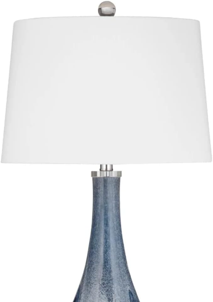 MAKLAINE Modern Table Lamp, 32 in, Blue Art Glass, White Fabric Drum Shade, 3-Way Rotary Switch, Clear 60 in Cord, Contemporary Style Lighting for Bedroom or Living Room