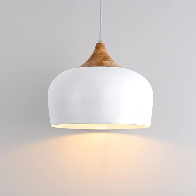 Modern Solid Wood Pendant Light,Ceiling Hanging Lamp with Dome Metal Shade,Adjustable Light Fixture for Kitchen Island,Dining Room- White