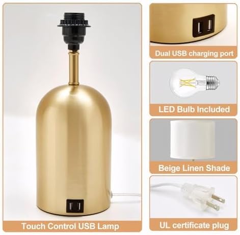 Bedside Lamp with USB Port, Touch Control Table Lamp for Bedroom, Dimmable Modern Nightstand Lamp with Fabric Shade Gold Base for Living Room, Dorm, Home Office, LED Bulb Included