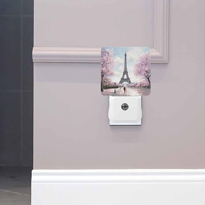 Eiffel Tower Night Lights Plug into Wall Pink Trees and Couples in Paris Night Light with Dusk to Dawn Sensor for Home Bedroom Bathroom Living Room 0.5W Sleep-Friendly