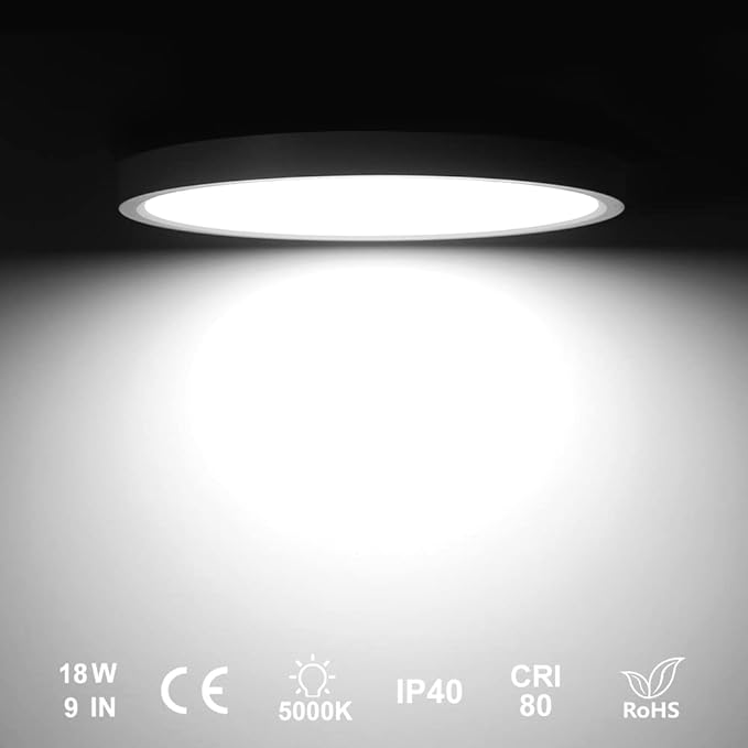 9 Inch White LED Flush Mount Ceiling Light, 5000K Daylight White Low Profile LED Ceiling Light, 18W 1800LM, Round Slim Flat Ceiling Lights Fixture for Closets Bedroom Hallway Stairwells Porch