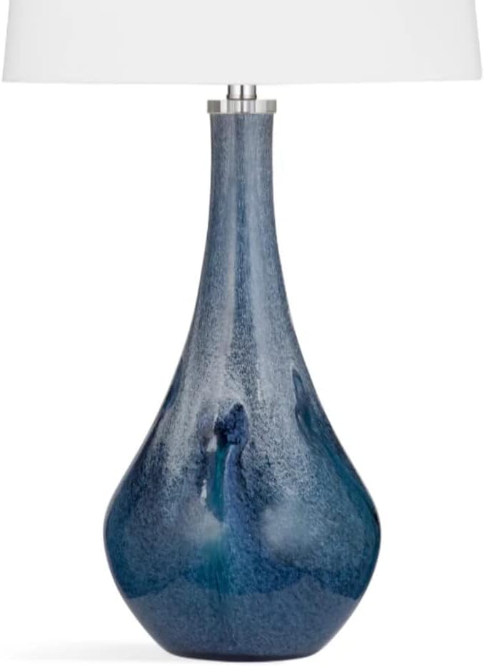 MAKLAINE Modern Table Lamp, 32 in, Blue Art Glass, White Fabric Drum Shade, 3-Way Rotary Switch, Clear 60 in Cord, Contemporary Style Lighting for Bedroom or Living Room