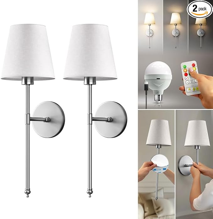 Set of 2 Wireless Wall - Stick-On or Screw Mount for Easy Installation, Rechargeable LED Bulbs, Remote Controlled, Adjustable Brightness, The Original Wireless Wall Lamps (Silver)