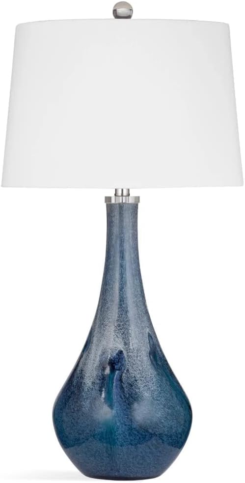 MAKLAINE Modern Table Lamp, 32 in, Blue Art Glass, White Fabric Drum Shade, 3-Way Rotary Switch, Clear 60 in Cord, Contemporary Style Lighting for Bedroom or Living Room