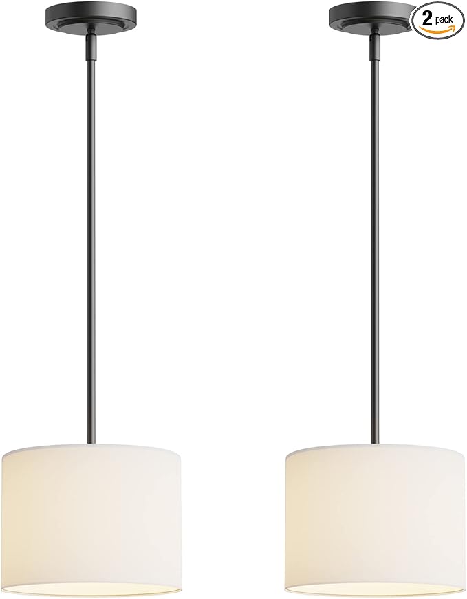 Electro bp;9" Dia White Linen Drum Shade Hanging Pendant Light Fixture with Black Pole Kit,E26,Hardwired,2-Pack;