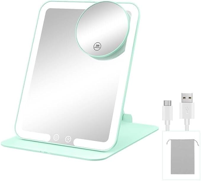 Gospire Travel Makeup Mirror with 3 Lights and Magnification 10X, Green | Compact foldable tabletop cosmetic with smart auto sensor, Adjustable Stand, Dimmable, 2000mAh Rechargeable LED Vanity Mirror