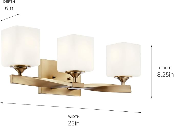 Kichler Marette 3-Light Bathroom Vanity Light, Champagne Bronze | Satin etched cased opal glass vanity light for bathrooms and powder rooms (23" x 8.25" x 6"), 55002CPZ