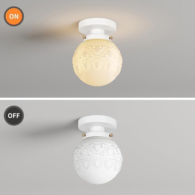 Semi Flush Mount Ceiling Light, White Hallway Light Fixture, Vintage Ceiling Lighting Fixture with Milky Glass, Globe Glass Close to Ceiling Light, Indoor Hanging Lighting for Bedroom Kitchen Porch
