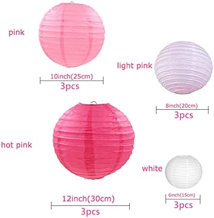 Pink Paper Lanterns 12 Pcs Assorted size of 6" 8" 10" 12" Chinese Round Paper Hanging Decorations Ball Lanterns Lamps for Home Decorations, Parties, and Weddings