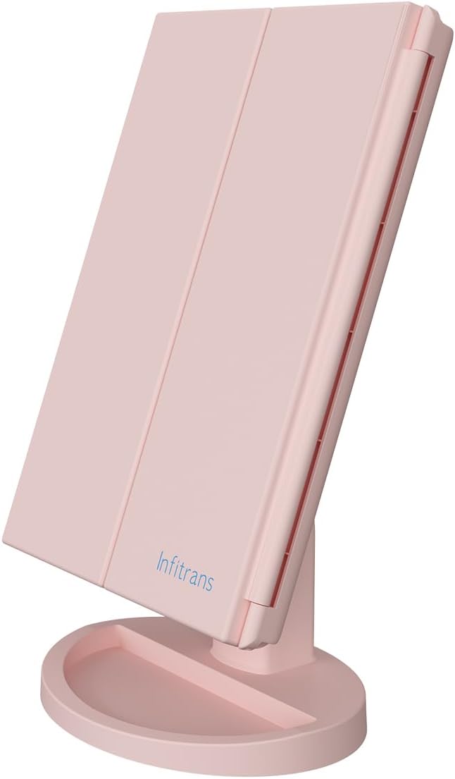 Infitrans Trifold Makeup Mirror Vanity Mirror with Lights,1X 2X 3X Magnification,Touch Control,Adjustable Rotation,Dual Power Supply,Portable Travel Cosmetic Mirror,Birthday Gifts for Women,Teengirls