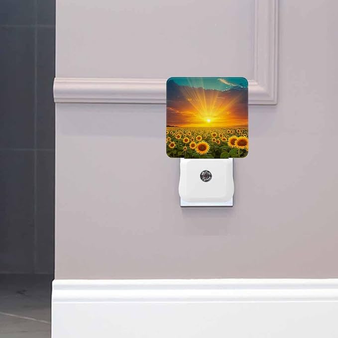 Sunflower Fields Night Light Sunset Beautiful Golden Yellow Sunflowers LED Night Lights Plug into Wall for Stairway Hallway Bedroom 0.5W Nightlight
