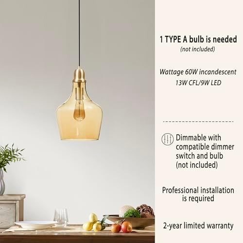 Ink+Ivy Auburn Pendant Kitchen Lighting for Dining Room, Industrial Lights, Hand-Blown Glass Bell Shaped Pendant Light for Kitchen Island, Foyer, Bedroom, 9" Dia x 95.5" H, Gold/Amber