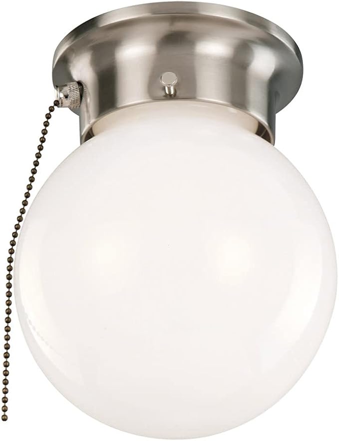 Design House Millbridge Globe 6 Inch Diameter Indoor Ceiling Light Fixture with Pull Chain, for Bedroom, Hallway, Closet & Dining Room, Alabaster Glass, Satin Nickel, 519272 | Dimmable, Ceiling Mount, Traditional, Steel, Lighting, 519272