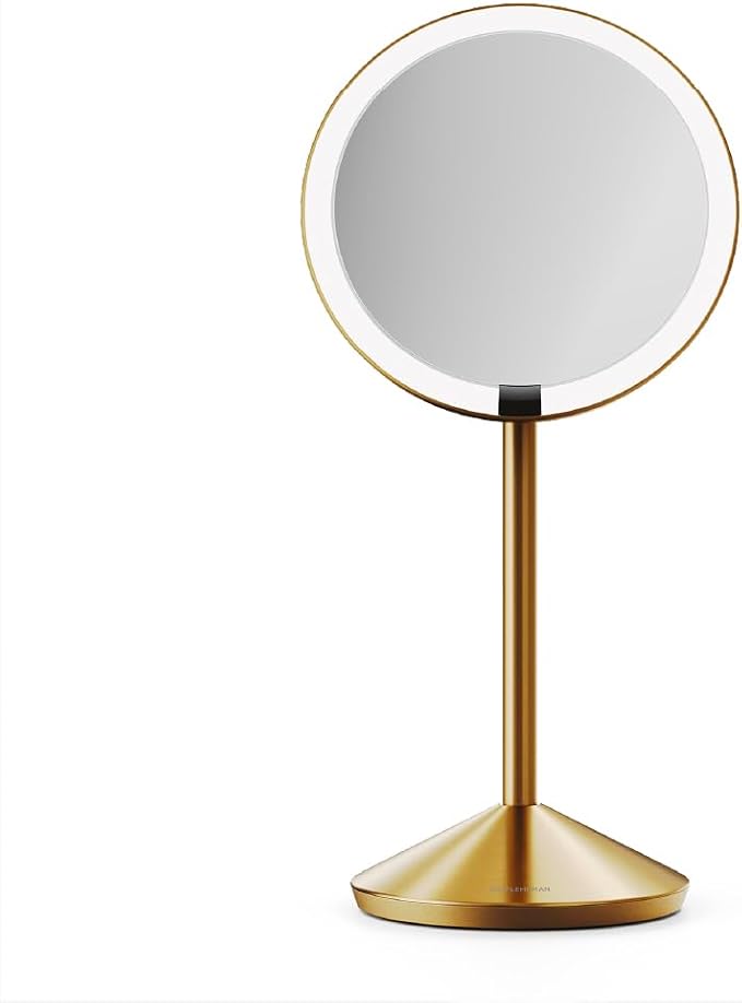 simplehuman Sensor Mirror Fold, 5'' with 10X Magnification, Round Rechargeable Travel Makeup Mirror, Tru-Lux® Full-Spectrum Light, Adjustable Brightness & Height, Brass Steel