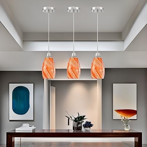 Viinew Mini Glass Pendant Light,3-Pack Orange Marble Glass Hanging Light | 4.72" with Handblown Glass Oval Chadelier,Glass Ceiling Pendant Light for Dining Room Kitchen Island Cafe Foyer