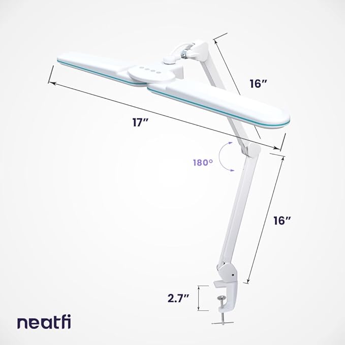 Neatfi Elite HD XL LED Desk Lamp | 3 Light Modes | Non-Polar Dimming | Eye-Caring Desk Light for Home Office, Drafting, Beauty Shop, Workbench (CCT with Clamp, Blue Ring, 17 Inches)