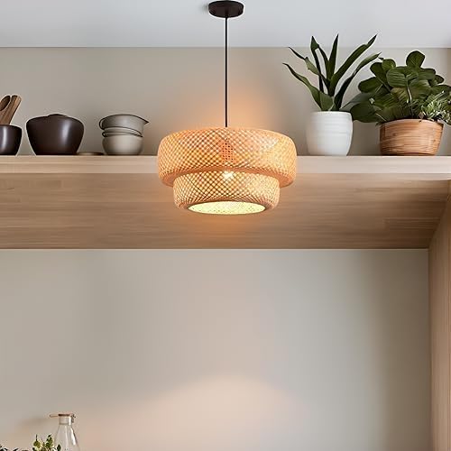 Bamboo Pendant Light,13.8" Rattan Chadelier | Hand-Woven Bamboo Rattan Chandelier Shade for Dining Living Bedroom Kitchen Farmhouse 1-Pack
