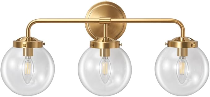 Gold Bathroom Vanity Light Fixtures Over Mirror, Modern Brass 3 Lights Wall Sconce Lighting with Transparent Glass Ball Shade, Mid Century Farmhouse Vanity Lights