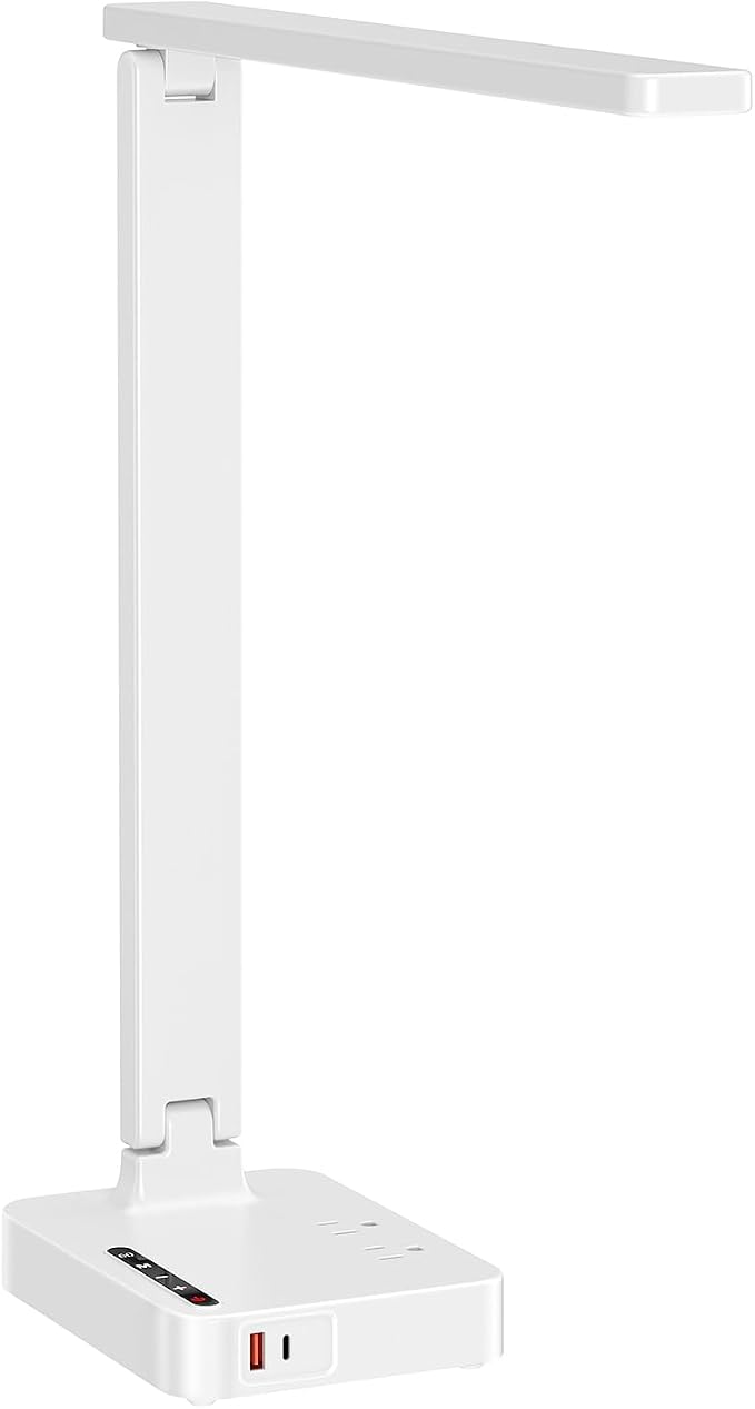LED Desk Lamp for Dorm Office, USB-C & 2 AC Outlets Charging, White | LED Desk Lamps for Home Office with 2 USB Charging Ports(1 USB-C), 2 AC Outlets, Foldable Small Desk Lamp for Study Reading