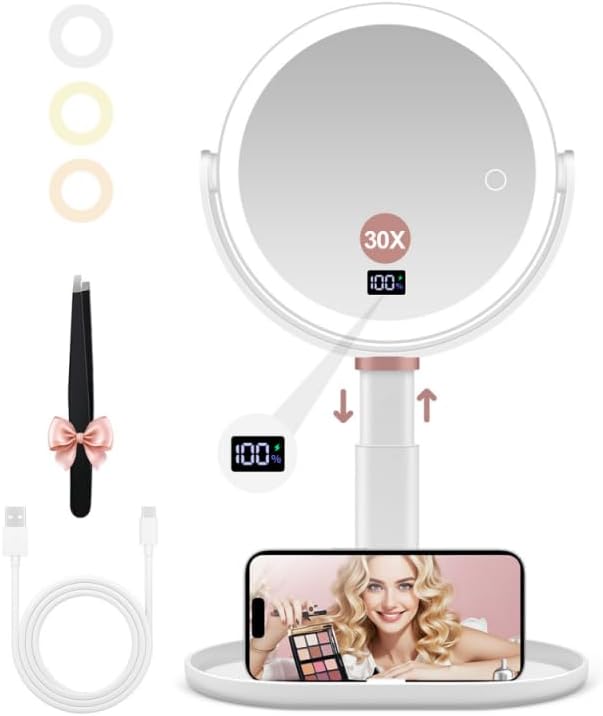 Makeup Magnifying Mirror with Light 30X/1X, Digital Display, 2-Sided Touch Control, Makeup Mirror with 3 Color Lights,360° Rotate, Height Adjustable Lighted Magnifying Mirrors for Desk Travel
