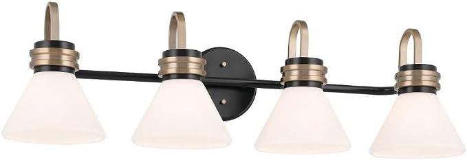 Kichler Farum 4-Light Bathroom Vanity Light, Black | Modern vanity light with opal glass for single or double bathroom mirrors (34" x 9.5"), 55156BK