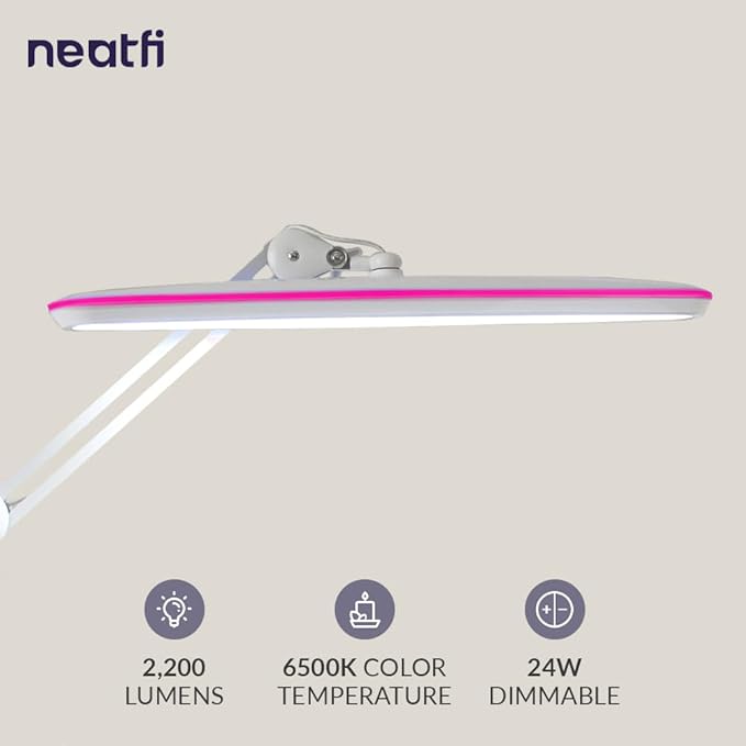 Neatfi XL 2,200 Lumens 24W LED Desk Lamp – 23” Wide Shade | Dimmable Eye-Caring Task Light | Adjustable Arm | Home Office, Study, Crafts & Nail Tech (Non-CCT with Clamp, White with Pink Ring)