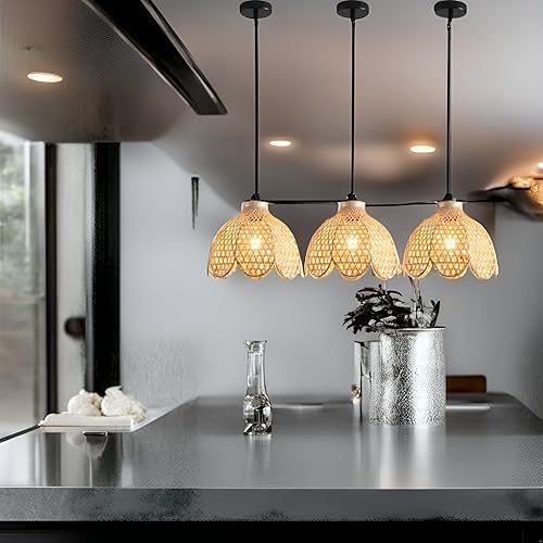 3-Pack Bamboo Pendant Light Mini Rattan Chandelier | 10.6" Boho Bamboo Rattan Pendant Lights,Hand Woven Rattan Chandelier for Kitchen Island Dining Bedroom Living Room