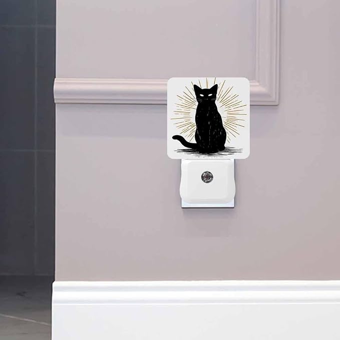 Cat LED Night Lights Plug into Wall Black Hand Drawn Halloween Icon 0.5W Plug in Night Light, Dusk to Dawn, Bright Nightlight Auto On/Off, for Room Bedroom Bathroom