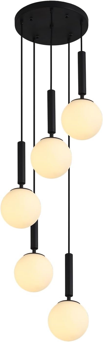 KCO Lighting 5 Light Cluster Pendant Lighting White Globe Chandelier Light Fixture Large Milk Glass Chandelier Matte Black Stairway Hanging Lighting Multi Pendant Hanging Light Fixture