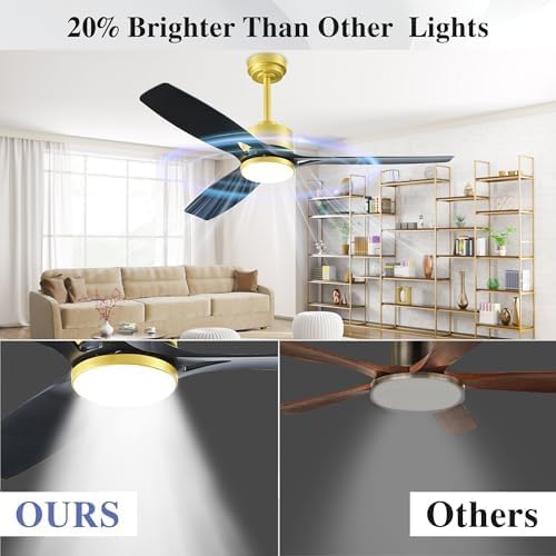 Ceiling Fans with Lights and Remote - 52 Inch Smart App Control Modern Low Profile Fandelier - Flush Mount for Living Room, Bedroom, Farmhouse - 35w Led Lighting Bulb - Quiet DC Motor - Black Gold