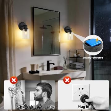 Black Rechargeable Wall Sconce Single, Bathroom Vanity Lights with Transparent glass Lampshade, Remote and Dimmable Bulb, Modern Farmhouse Lighting Fixtures for Bedrooms, Hallways, Living Room