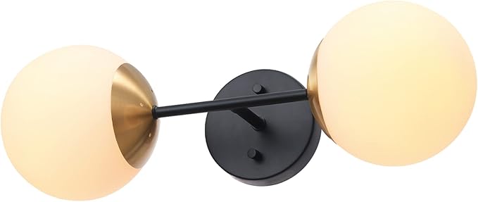 Globe Electric 52079 2-Light Wall Sconce, Matte Black, Antique Brass Accent Socket, Matte Opal Glass Shades, Modern Light for Living Room or Bedroom, Dimmer Switch Compatible, E26 Base