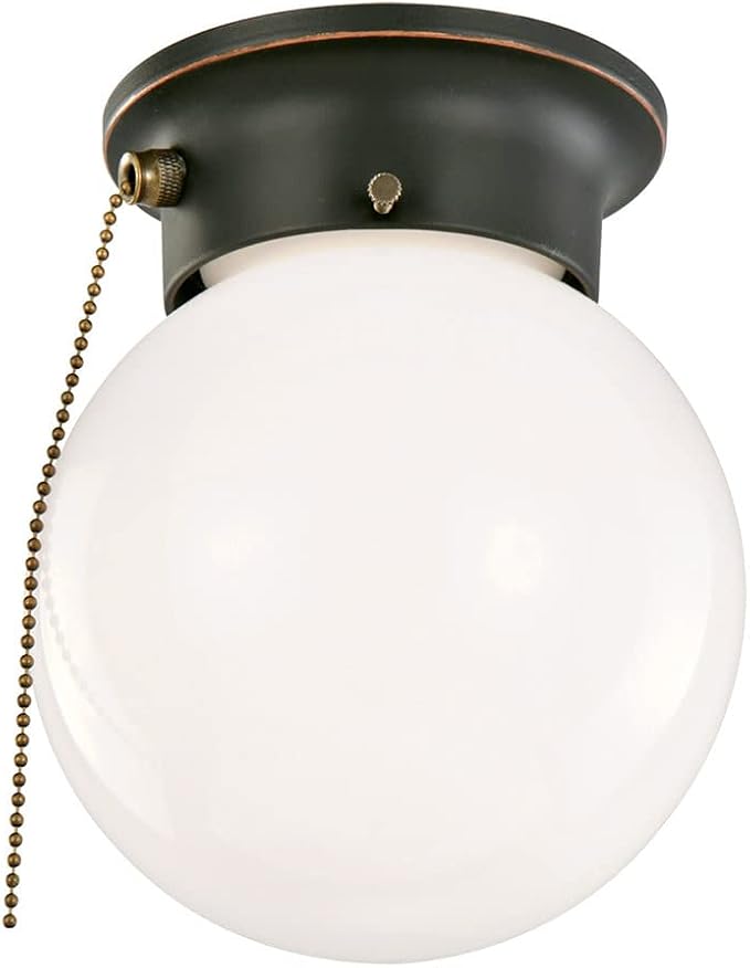 Design House Millbridge Globe 6 Inch Diameter Indoor Ceiling Light Fixture with Pull Chain, for Bedroom, Hallway, Closet & Dining Room, Opal Glass, Oil Rubbed Bronze, 519264 | Dimmable, Ceiling Mount, Traditional, Steel, Lighting, 519264