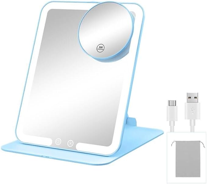 Gospire Travel Makeup Mirror with 3 Lights and Magnification 10X, Blue | Compact foldable LED mirror with smart auto sensor, Adjustable Stand, Dimmable, 2000mAh Rechargeable Lighted Vanity Mirror
