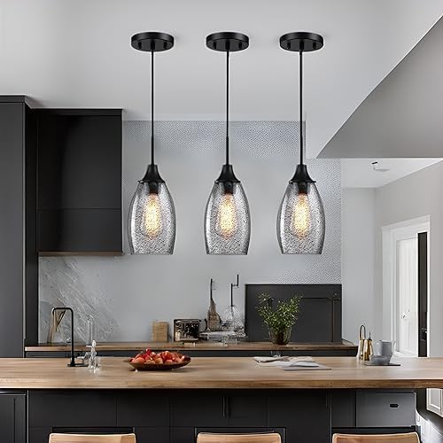 Viinew Mini Glass Pendant Light,1-Pack Black Seeded Glass Pendant Light | Handblown Grey Seeded Art Oval Glass Shade Adjustable Cord Lamp Ceiling Pendant Light Fixture for Kitchen,Dining,Bedroom