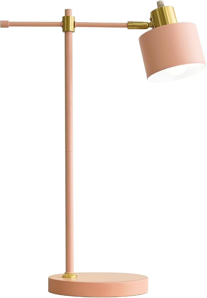 22.2" Modern Desk Lamp, Metal Table Lamp with LED Bulb, Adjustable Reading Lamps for Living Room, Mid Century Task Lamp for Home Office, Industrial Bedside Lamps with Solid Base, Pink