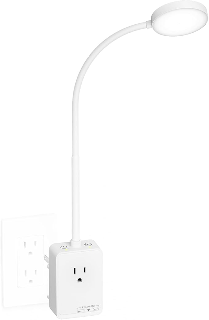 Plug in LED Bedroom Kitchen Wall Lamp, White Flexible LED Dimmable Reading Light with Power Plug Outlet Extender for Reading Books in Bed, 3 Lighting Colors, USB Output Charging Ports