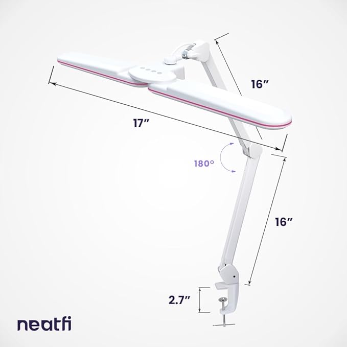 Neatfi Elite HD XL LED Desk Lamp | 3 Light Modes | Non-Polar Dimming | Eye-Caring Desk Light for Home Office, Drafting, Beauty Shop, Workbench (CCT with Clamp, Pink Ring, 17 Inches)