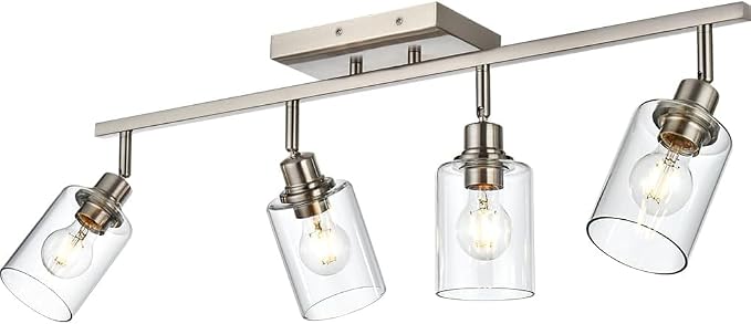 4-Light Brushed Nickel Bathroom Vanity Lighting, Modern Track Lighting Fixtures Ceiling Flush Mount Ceiling Light with Clear Glass Shade Flexibly Rotatable Light Head Kitchen Track Light