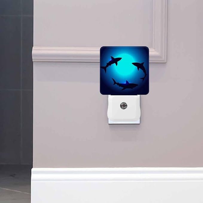 Sharks Night Lights Plug into Wall Three Sharks in The Deep Blue Ocean Night Light with Dusk to Dawn Sensor for Home Bedroom Bathroom Living Room 0.5W Sleep-Friendly